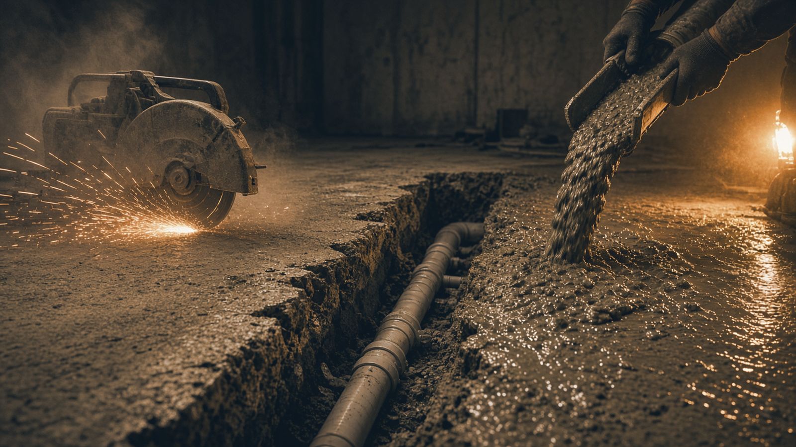 Coupe de dalle de béton avec étincelles, tranchée de drains en PVC et coulée de béton frais