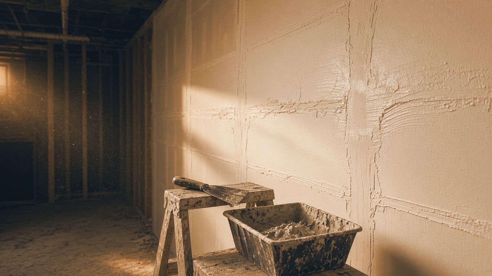 Murs de gypse avec joints tirés, couteau à joints et bac à composé sur un escabeau