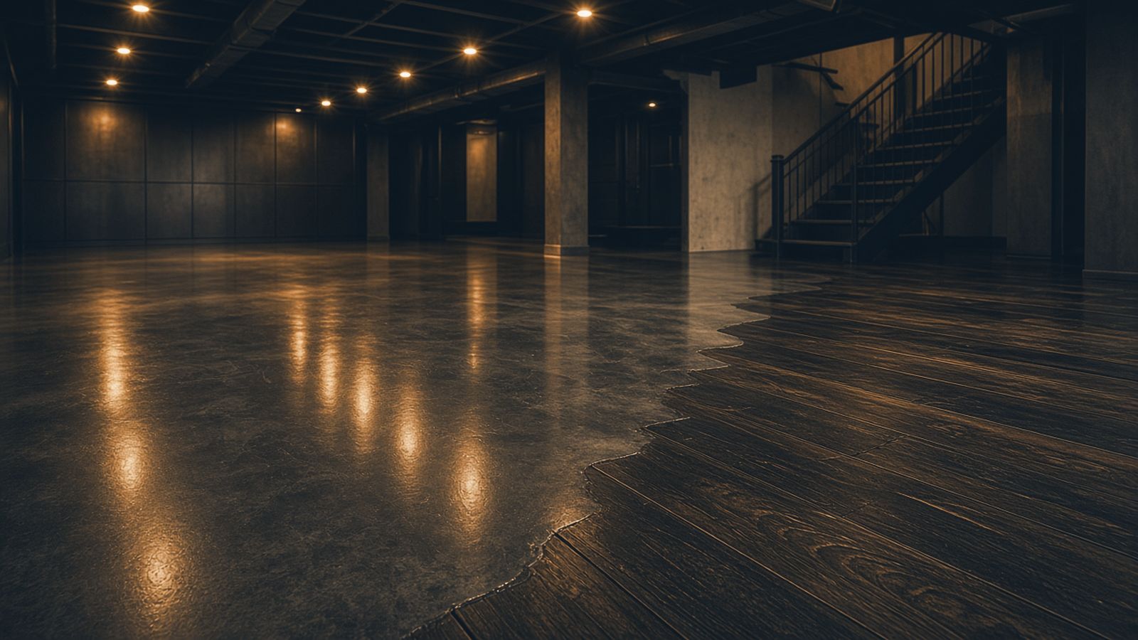 Plancher époxy anthracite lustré qui rejoint un plancher de bois franc foncé dans un sous-sol