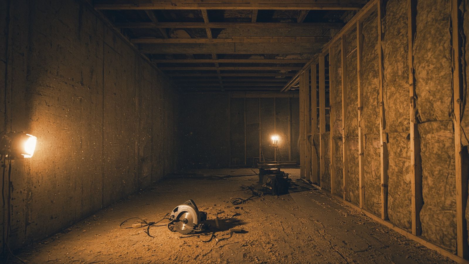 Sous-sol en rénovation avec charpente de bois, isolation et scie circulaire sur la dalle de béton